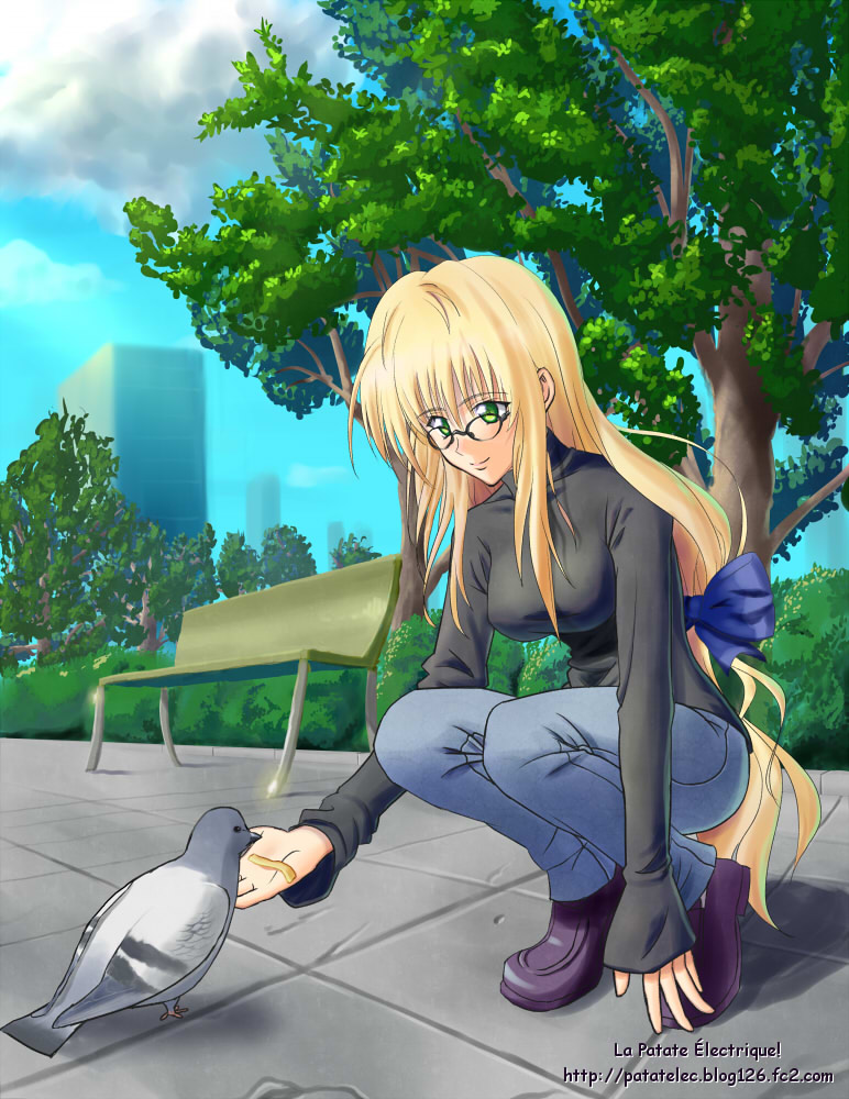 bird, black_cat, black_cat_(series), blonde_hair, bow, casual, feeding, glasses