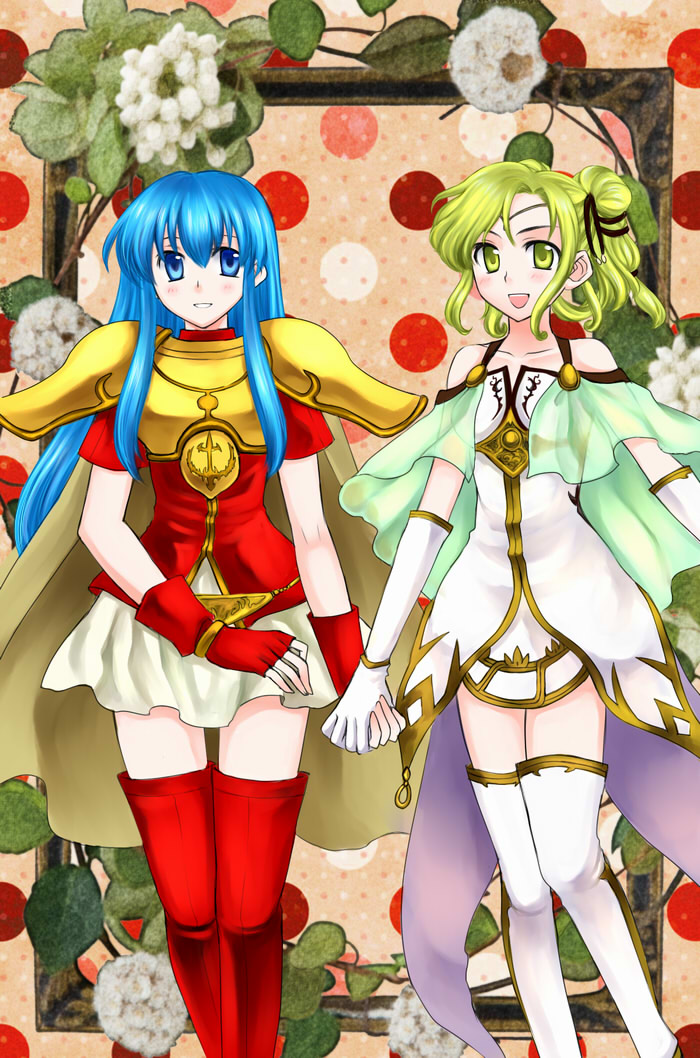 74, armor, bare_shoulders, blonde_hair, blue_eyes, blue_hair, boots, cape