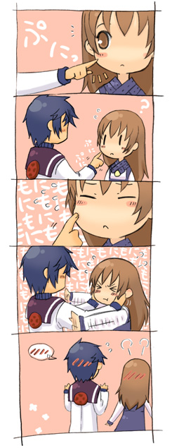 >_<, 1girl, 5koma, ?, amer, blue_hair, blush, brown_eyes