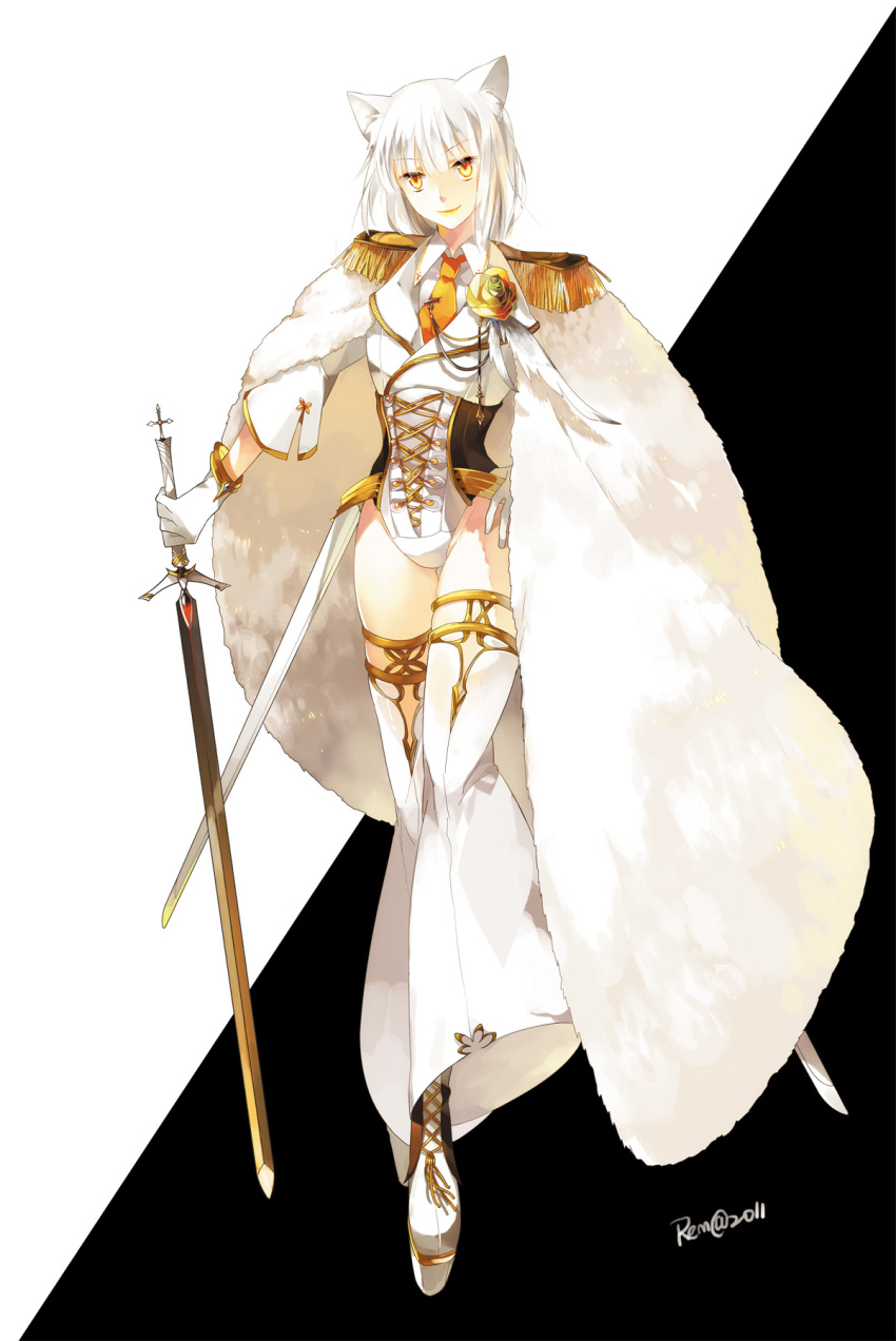 animal_ears, bellbottoms, cape, corset, epaulettes, feathers, flower, highres, leotard, necktie, occacia, original, rose, shoes, short_hair, smile, solo, sword, thigh-highs, thighhighs, weapon, white, white_background, white_hair, white_legwear, yellow_eyes, yellow_rose