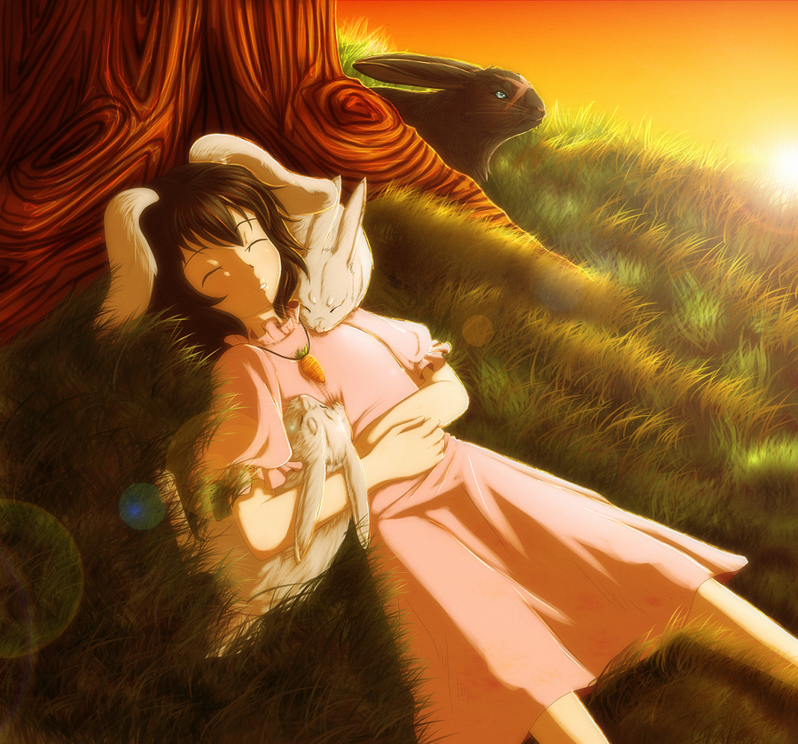 animal_ears, black_hair, blue_eyes, bunny, bunny_ears, carrot, closed_eyes, eyes_closed, forsaken-arts, grass, inaba_tewi, jewelry, necklace, rabbit, scar, short_hair, sleeping, smile, solo, sun, sunrise, sunset, touhou, tree