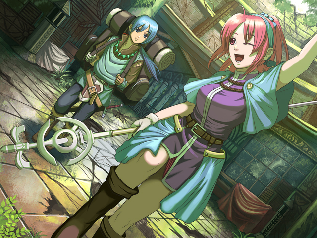 1girl, ;d, arm_up, blue_eyes, blue_hair, boots, chris_(eiyuu_densetsu), dutch_angle, eiyuu_densetsu, falcom, flick_(artist), jurio, open_mouth, pants, pink_eyes, pink_hair, shiroki_majo, short_hair, smile, staff, wink