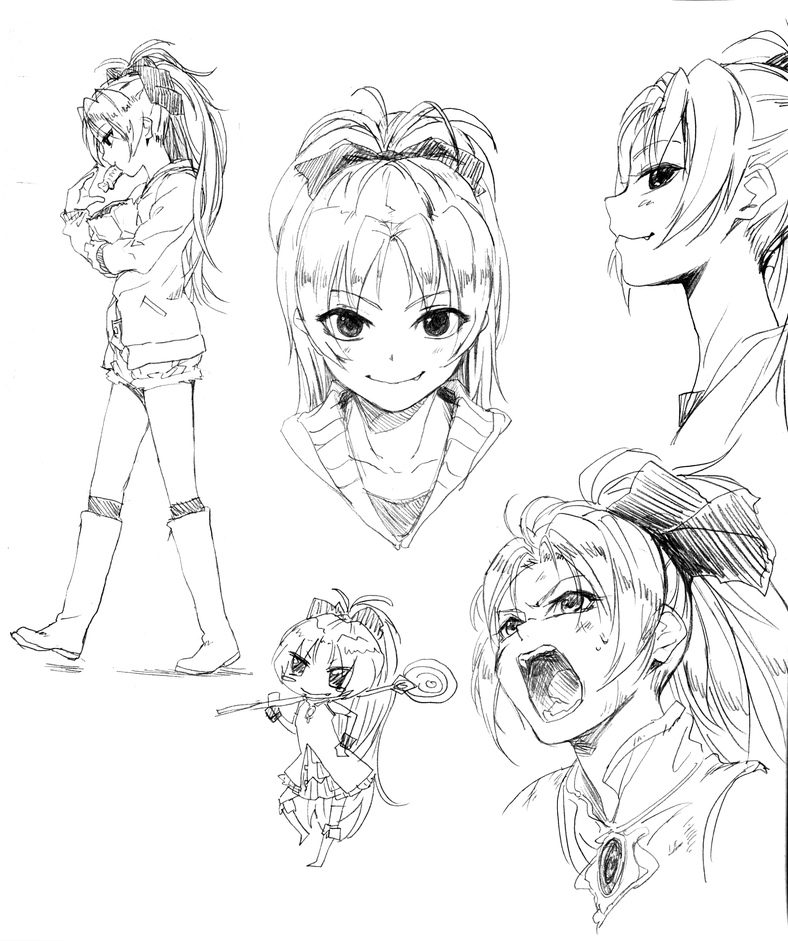 bag, boots, bow, doodle, eating, fang, food, hair_bow, honmaguro, long_hair, magical_girl, mahou_shoujo_madoka_magica, monochrome, paper_bag, ponytail, profile, sakura_kyouko, smile, solo, soul_gem, taiyaki, wagashi