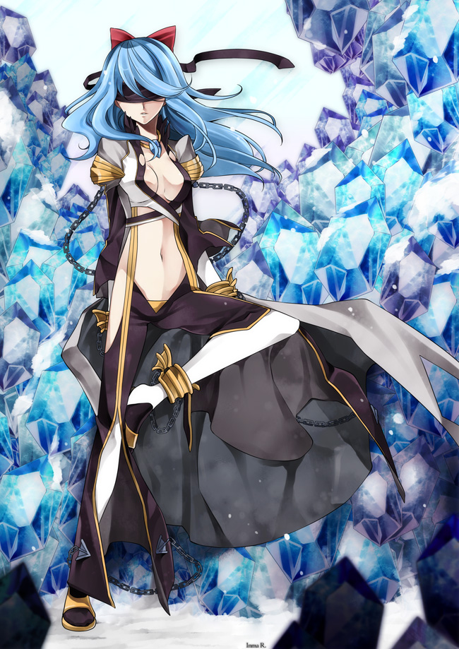 blue_background, blue_hair, bow, breasts, chain, chains, choker, cleavage_cutout