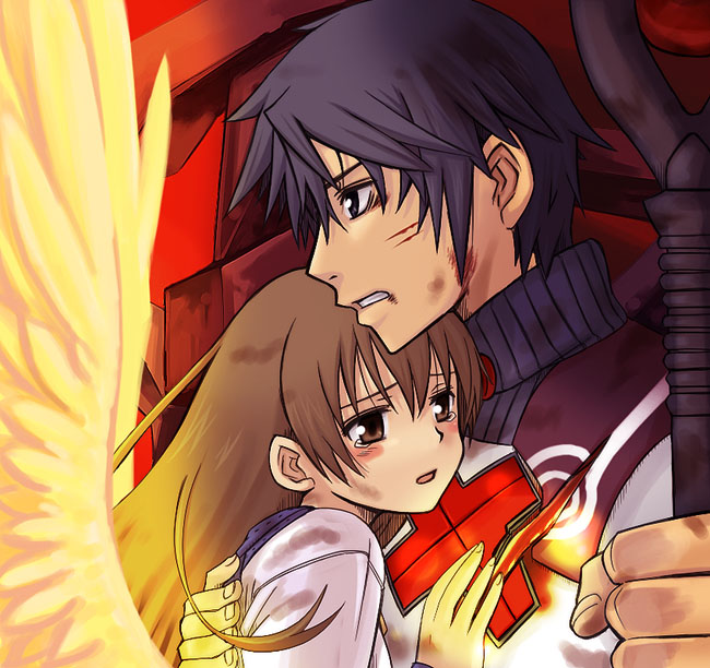 1boy, 1girl, black_hair, blood, blush, brown_eyes, brown_hair, hug