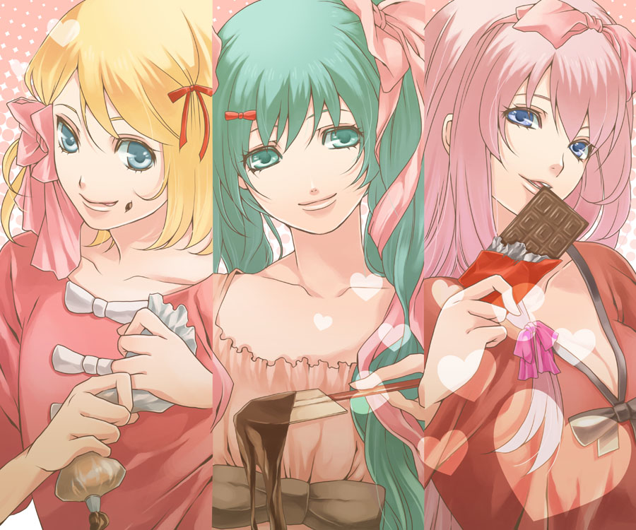 aqua_eyes, aqua_hair, bad_id, baking, blonde_hair, blouse, blue_eyes, candy