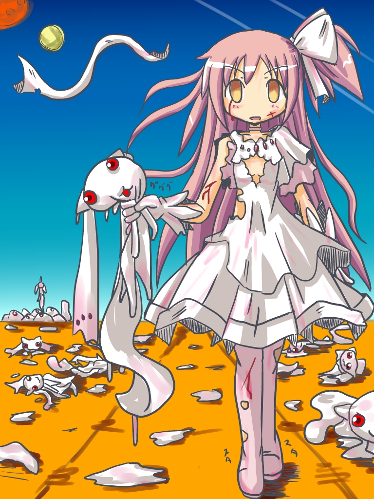 blood, choke_hold, d:<, empty_eyes, goddess_madoka, hair_ribbon, injury, kaname_madoka
