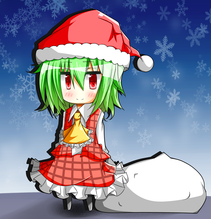 arms_behind_back, ascot, bag, blue_background, blush, chibi, dress_shirt, ehimedaisuki, frills, gradient, gradient_background, green_hair, hat, kazami_yuuka, looking_at_viewer, plaid, plaid_skirt, plaid_vest, red_eyes, santa_hat, shirt, short_hair, skirt, skirt_set, smile, snowflakes, solo, standing, touhou, vest, youkai