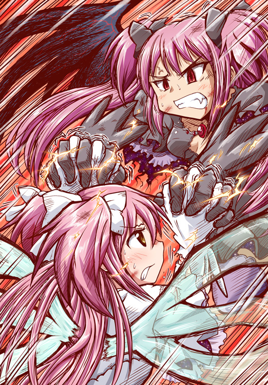 dark_persona, dual_persona, gloves, goddess_madoka, hair_ribbon, hand_holding, holding_hands, kaname_madoka