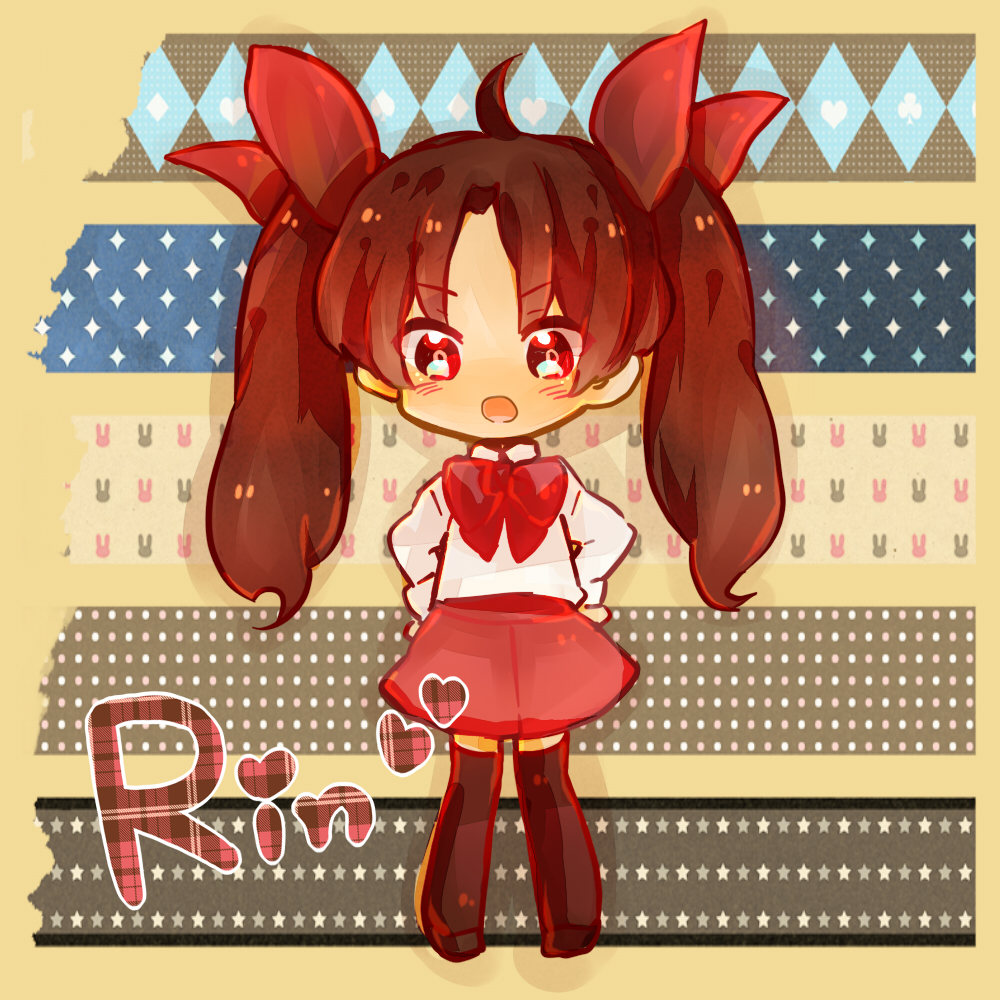 abuomu, ahoge, brown_hair, chibi, fate/stay_night, fate/zero, fate_(series), hair_ribbon, long_hair, red_eyes, ribbon, solo, thigh-highs, thighhighs, tohsaka_rin, toosaka_rin, twintails