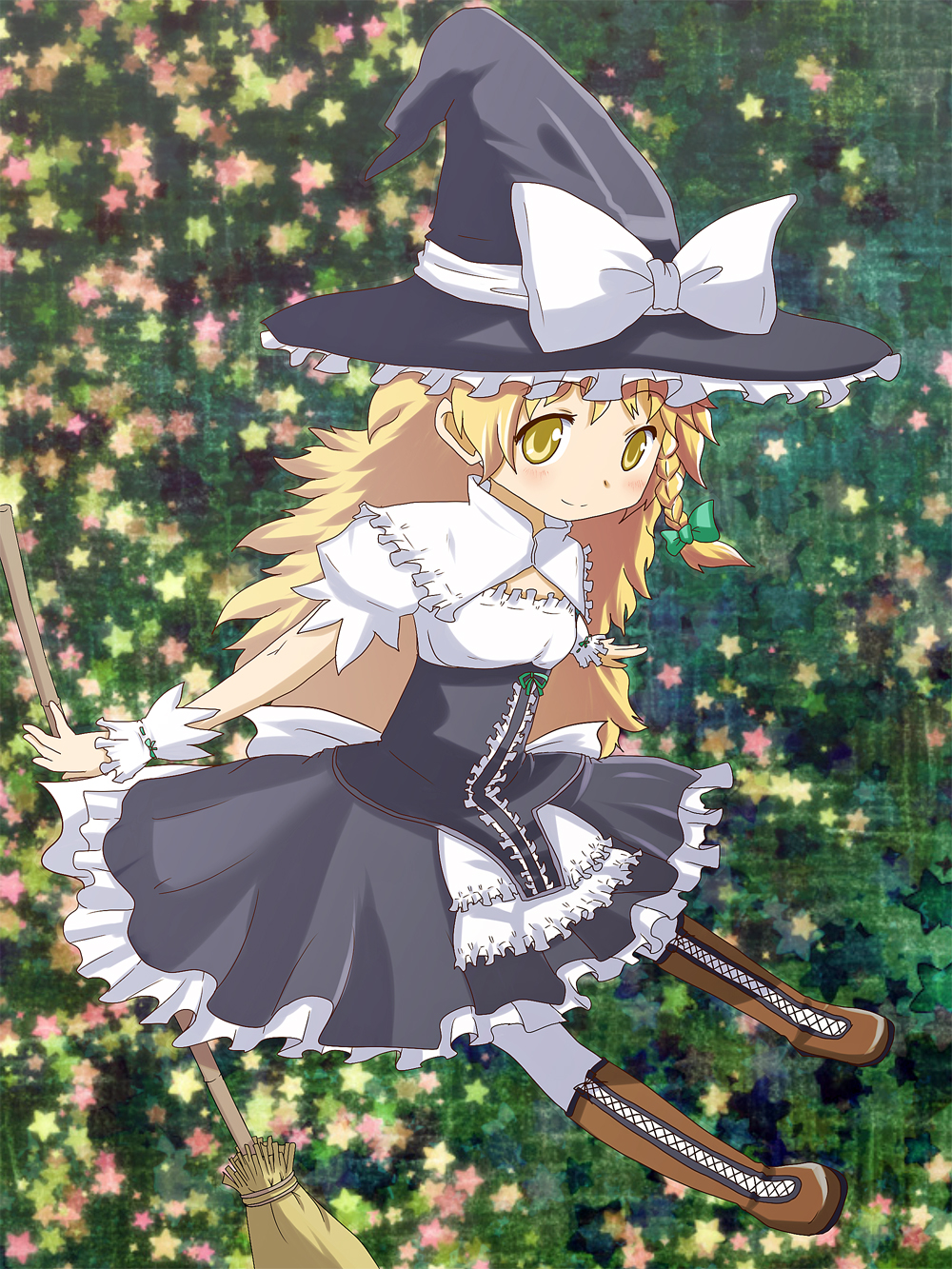 blonde_hair, boots, braid, broom, capelet, feita_(counterfeit), hat, hat_ribbon, highres, kirisame_marisa, long_hair, mahou_shoujo_madoka_magica, parody, ribbon, smile, solo, star, style_parody, touhou, wrist_cuffs, yellow_eyes