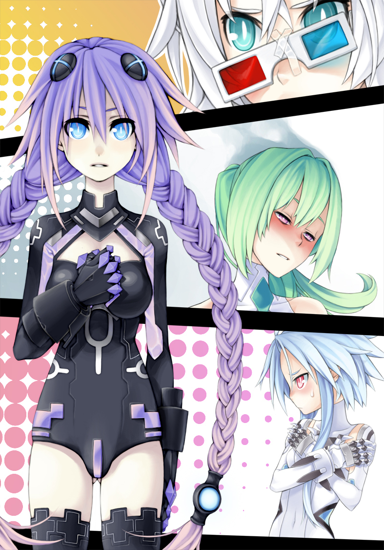 4girls, aqua_eyes, arasdel, artist_request, black_heart, black_legwear, black_thighhighs, blue_eyes