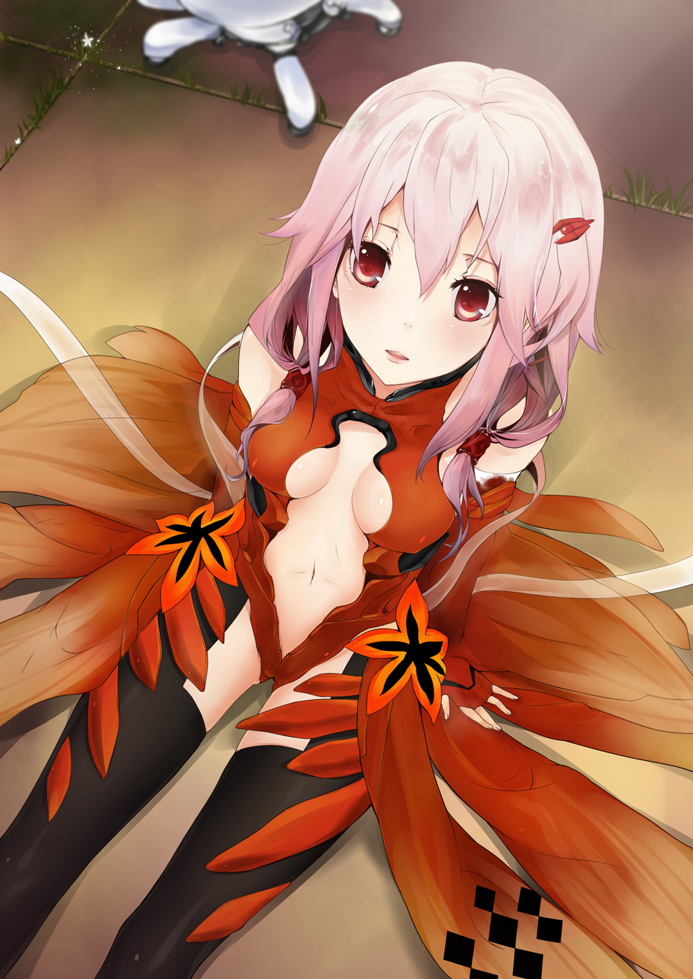 artist_request, black_legwear, breasts, center_opening, cleavage, detached_sleeves, dress, fingerless_gloves, from_above, gloves, guilty_crown, hair_ornament, hairclip, highres, hildasxd, long_hair, looking_up, navel, open_mouth, pink_hair, red_eyes, sitting, solo, thigh-highs, thighhighs, twintails, yuzuriha_inori