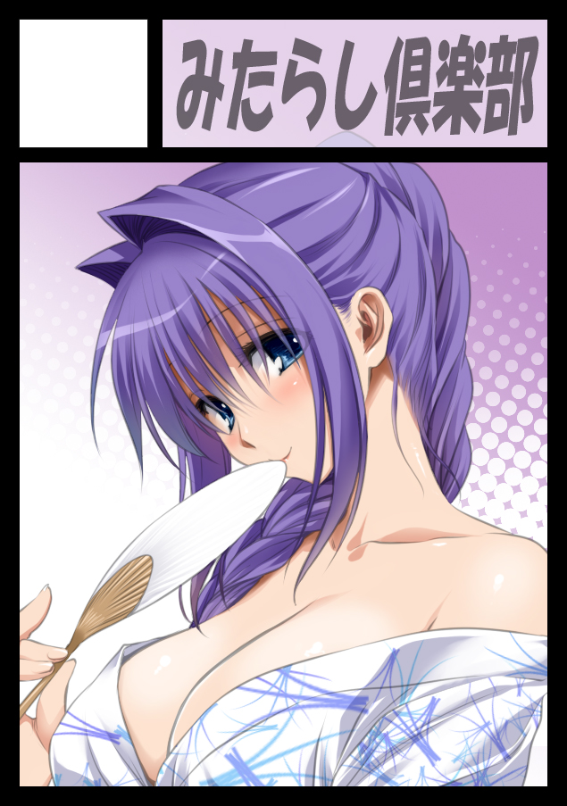 1girl, braid, breasts, circle_cut, cleavage, fan, hair_intakes, halftone