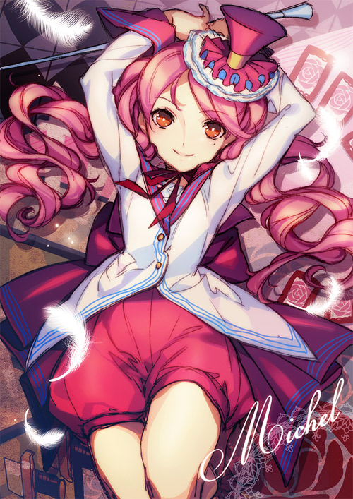 character_name, character_request, feathers, harvest_moon, harvest_moon:_a_new_beginning, harvest_moon_the_land_of_origin, hat, long_hair, looking_at_viewer, lying, michelle_(harvest_moon), mini_top_hat, mole, on_back, orange_eyes, pink_hair, solo, staff, top_hat