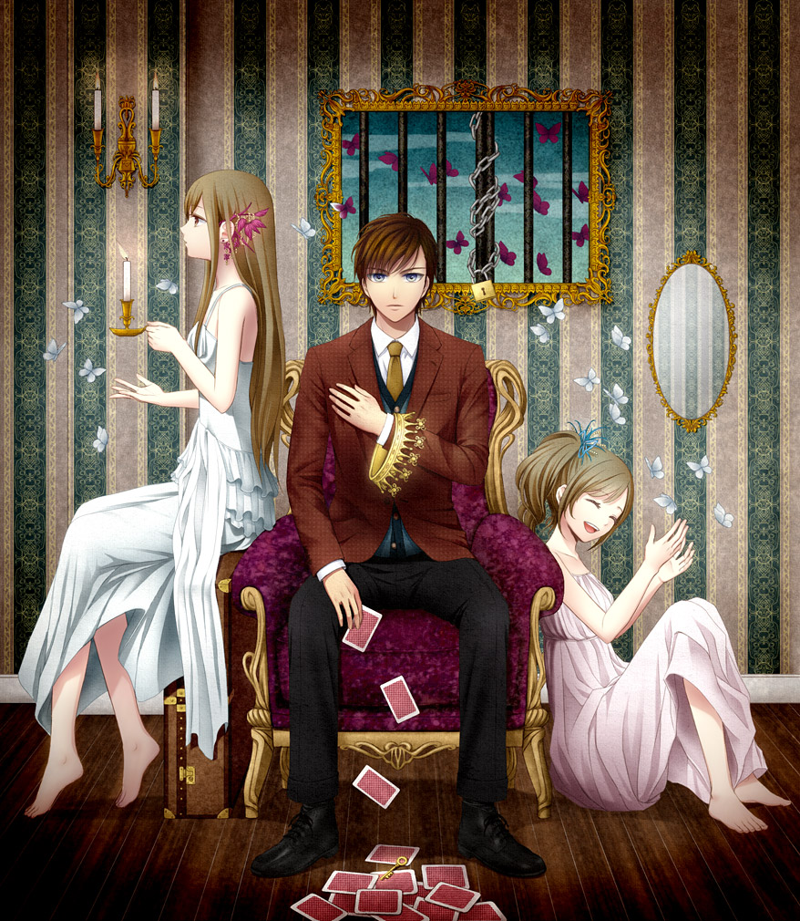 brown_hair, butterfly, candle, card, chain, chains, chair, crown, hair_ribbon, iii, key, lock, mirror, necktie, original, playing_card, ribbon, side_ponytail, sitting, suitcase, window