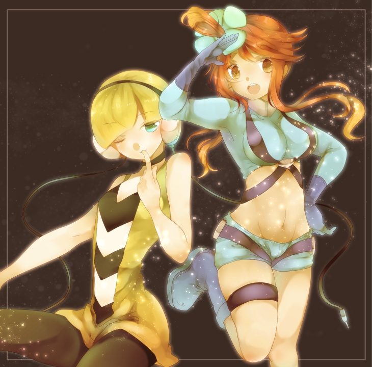 aqua_eyes, bare_shoulders, black_legwear, finger_to_mouth, fuuro_(pokemon), gloves, hair_ornament, hair_up
