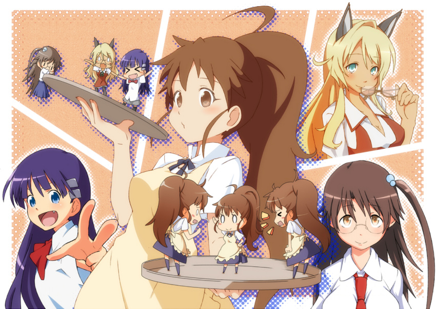 animal_ears, blonde_hair, brown_hair, crossover, dress, glasses, kiyal_bachika, lr