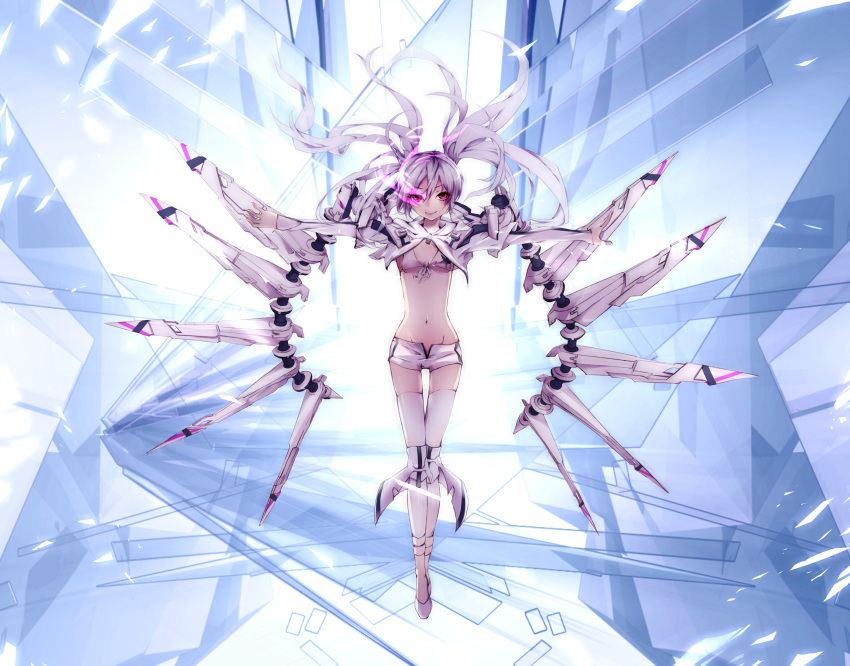 black_rock_shooter, black_rock_shooter_(game), boots, glowing, glowing_eyes, highres, midriff, navel, red_eyes, shorts, smile, solo, takka, takka9294, takka_(aegis9294), thigh-highs, thighhighs, twintails, white_hair, white_rock_shooter