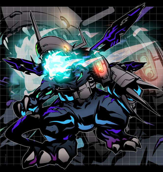 claws, digimon, fireball, glowing, glowing_eyes, horns, mechanical_arm, metalgreymon