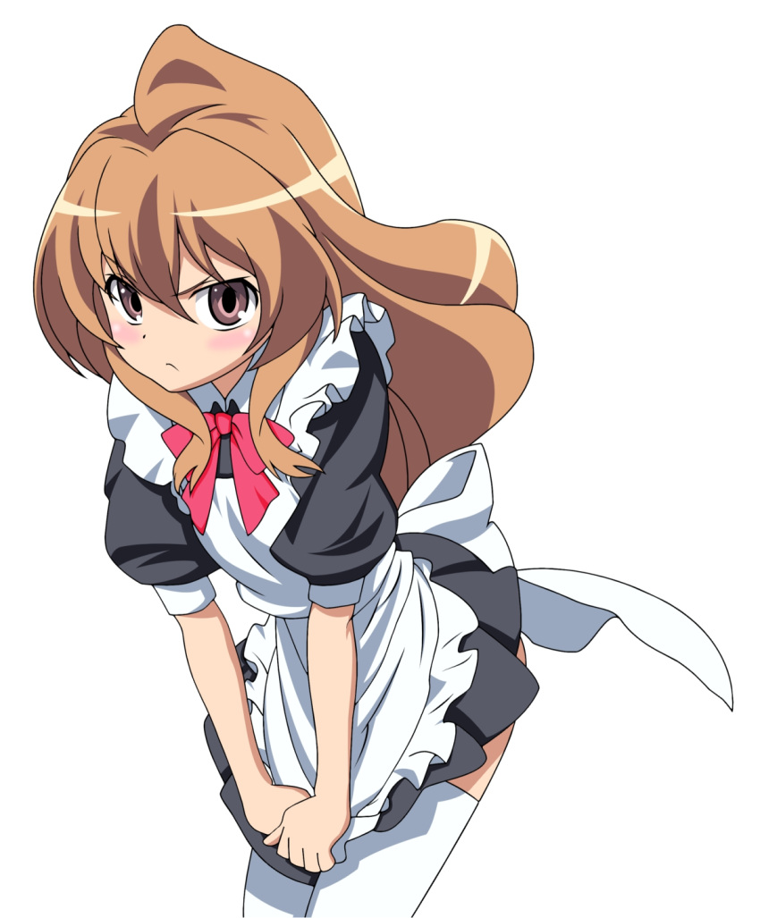 aisaka_taiga, apron, brown_eyes, brown_hair, dress_pull, highres, long_hair, maid