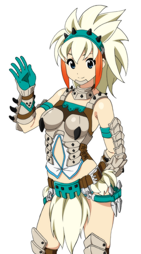 barioth_(armor), blonde_hair, capcom, fukuoka_katsumi, gloves, green_eyes, monster_hunter, monster_hunter_portable, monster_hunter_portable_3rd, short_hair, solo, waving