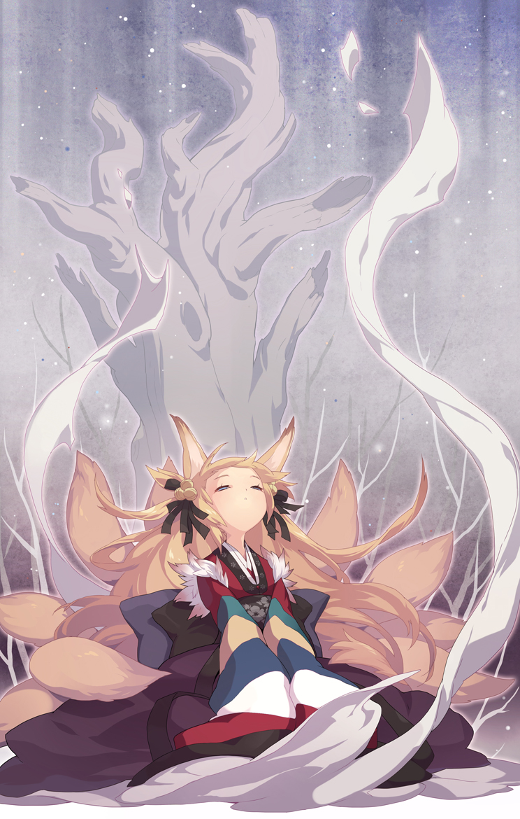 animal_ears, blonde_hair, blue_eyes, btoor, cheon_nyeon-ui_si_(vocaloid), fox, fox_ears, fox_tail