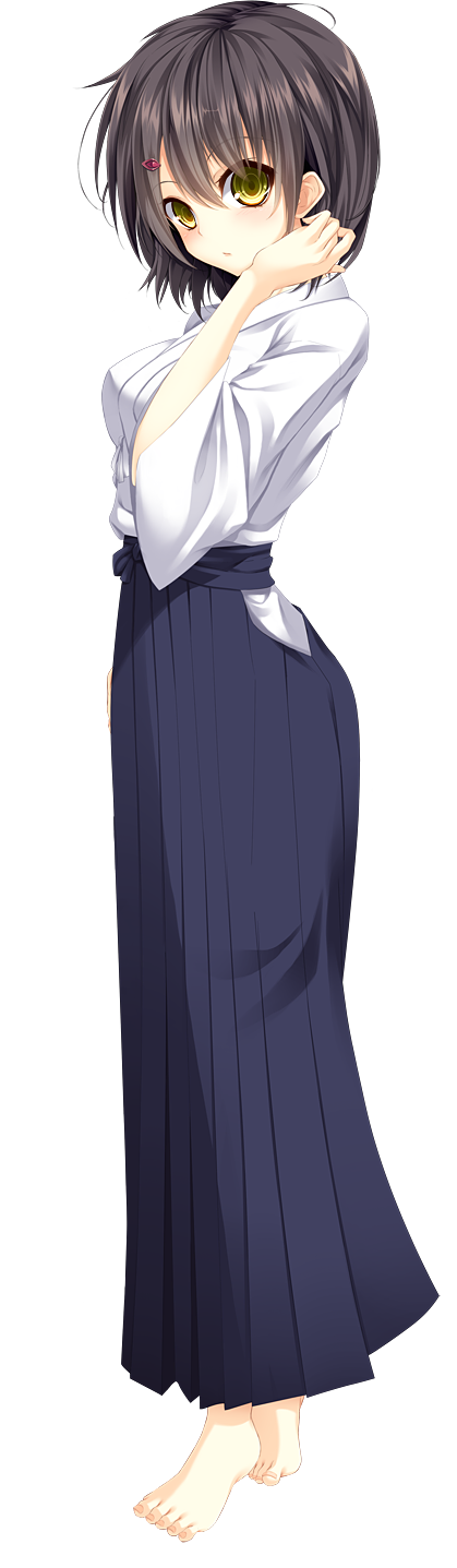 artist_request, barefoot, blush, brown_hair, hair_ornament, hairclip, hakama, highres, japanese_clothes, kangasa_ume, short_hair, solo, source_request, transparent_background, yellow_eyes, yurikago_yori_tenshi_made