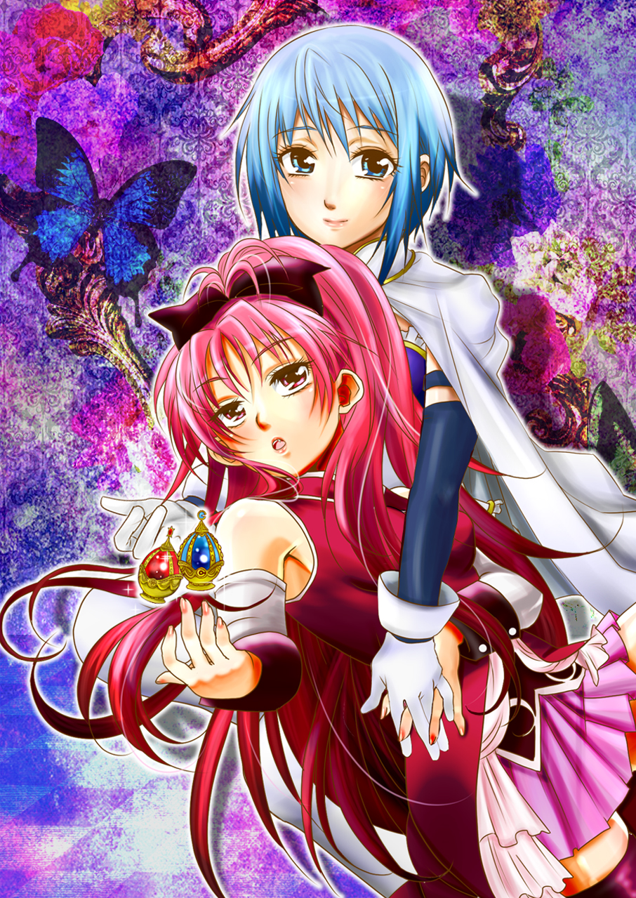 bare_shoulders, blue_eyes, blue_hair, butterfly, cloak, elbow_gloves, gloves, hair_ribbon, highres, lipstick, long_hair, mahou_shoujo_madoka_magica, makeup, miki_sayaka, multiple_girls, nail_polish, open_mouth, ponytail, red_eyes, red_hair, redhead, ribbon, sakura_kyouko, short_hair, skirt, soul_gem, thigh-highs, thighhighs, yukishiro_midori, zettai_ryouiki