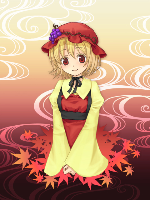 aki_minoriko, autumn_leaves, blonde_hair, bust, food, fruit, grapes, hat
