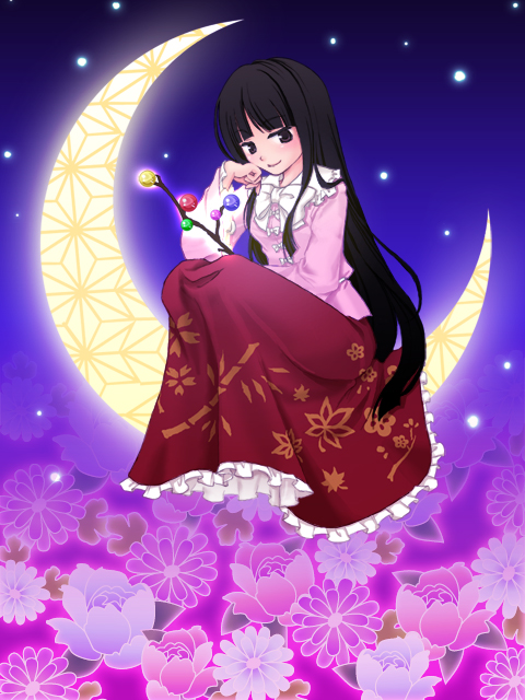 black_eyes, black_hair, branch, crescent_moon, houraisan_kaguya, japanese_clothes, jeweled_branch_of_hourai, long_hair