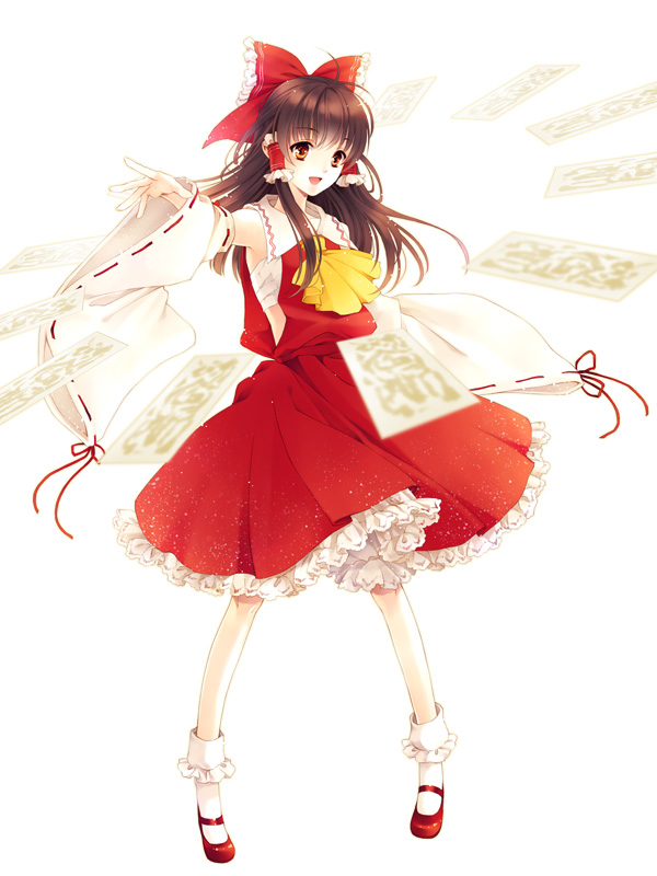 blurry, bobby_socks, bow, brown_hair, depth_of_field, detached_sleeves, footwear, frills, hair_bow, hakurei_reimu, mary_janes, miko, ofuda, orange_eyes, petticoat, sarashi, shoes, skirt, skirt_set, socks, solo, standing, touhou, uduki_eri, uzuki_eri, wide_sleeves