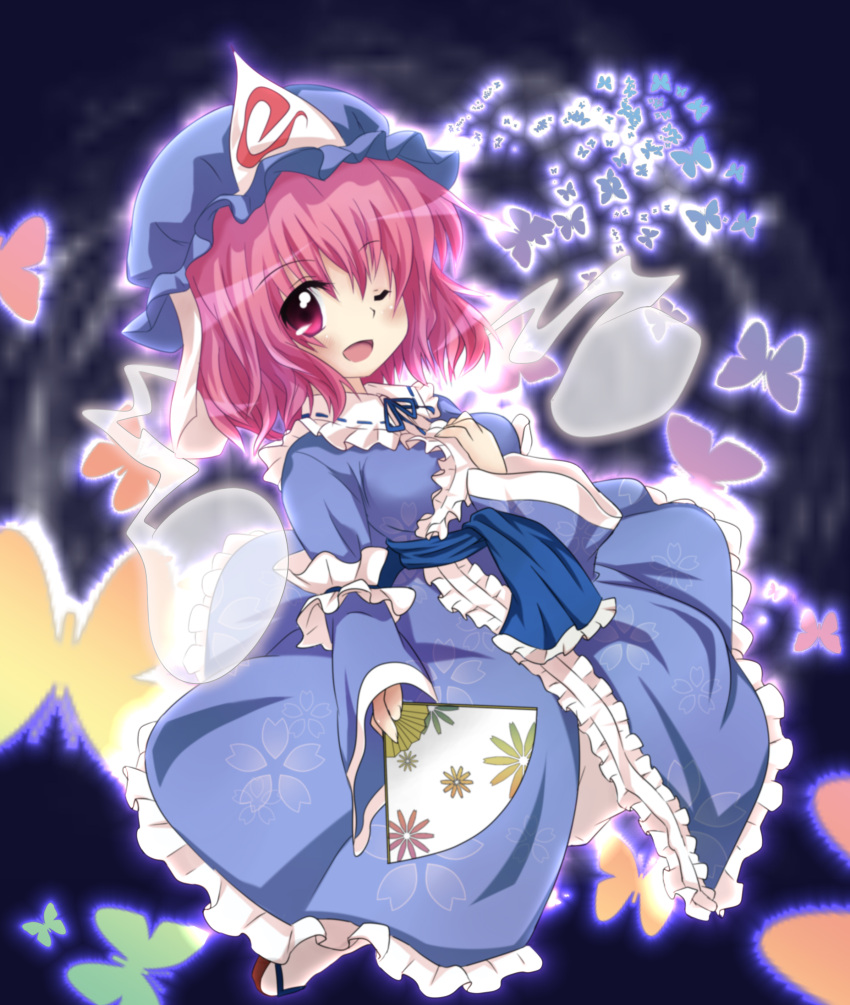 absurdres, breasts, butterfly, fan, folding_fan, ghost, hat, highres, japanese_clothes, open_mouth, pink_eyes, pink_hair, rishuu, saigyouji_yuyuko, short_hair, solo, touhou, wink