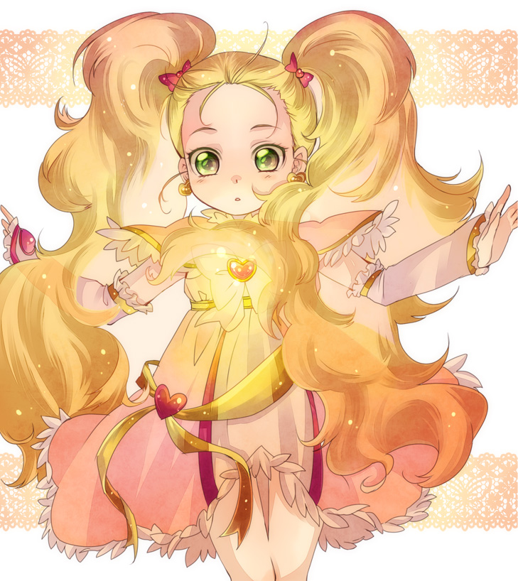 blonde_hair, bow, dress, futari_wa_precure, futari_wa_precure_max_heart, glowing, green_eyes, hair_bow