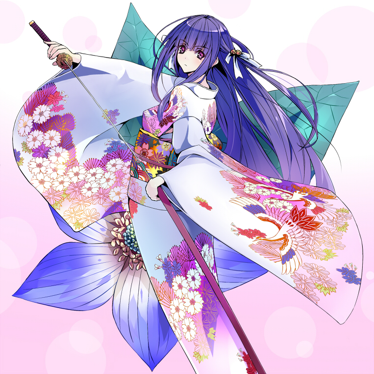 bell, bow, expressionless, flower, hair_ribbon, japanese_clothes, katana, kimono, long_hair, original, purple_eyes, purple_hair, ramuya_(lamb), ribbon, solo, sword, violet_eyes, weapon, white_background