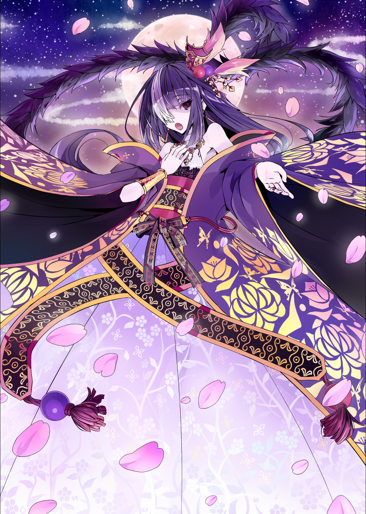 crown, earrings, feathers, full_moon, hair_over_one_eye, halterneck, japanese_clothes, jewelry