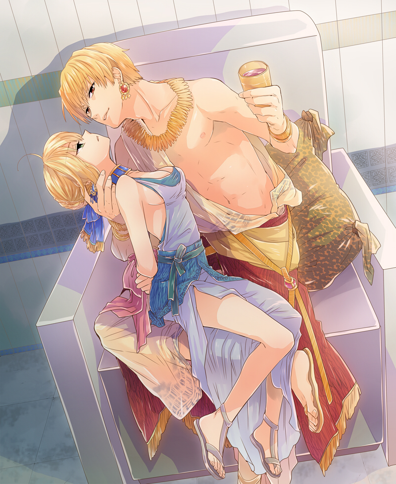 1girl, ahoge, alternate_costume, bdsm, blonde_hair, bondage, bound_wrists, bracelet