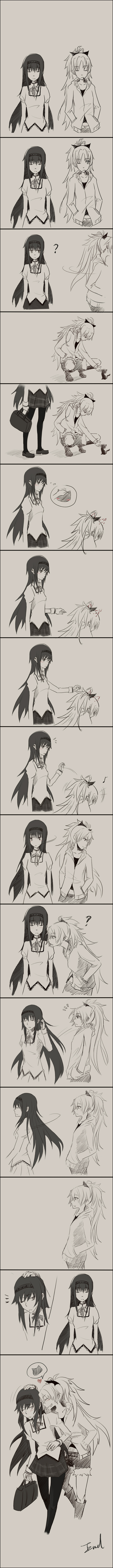 absurdres, akemi_homura, black_cat, blush, cat, comic, die_(artist), grin