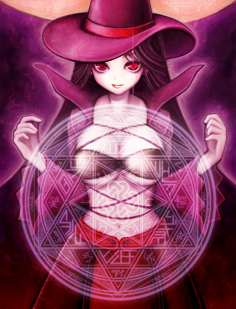 akayukihime, black_hair, breasts, cape, character_request, dodecagram, dress, hat