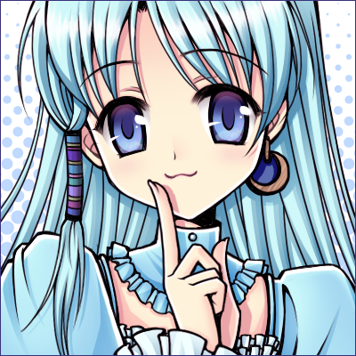 :3, akayukihime, blue, blue_background, blue_eyes, blue_hair, character_request, detached_collar, earrings, jewelry, long_hair, lowres, mabinogi, smile, solo