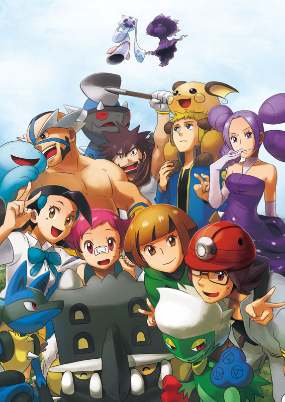 4boys, 4girls, :d, bastiodon, byron_(pokemon), candice_(pokemon), commentary_request, crasher_wake