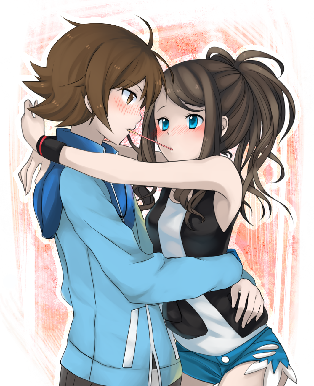 bare_shoulders, blue_eyes, blush, brown_eyes, brown_hair, couple, denim, denim_shorts, eye_contact, highres, hug, itariadoitsu, jacket, long_hair, looking_at_another, no_hat, no_headwear, pocky, pocky_kiss, pokemon, pokemon_(game), pokemon_black_and_white, pokemon_bw, ponytail, shared_food, short_hair, shorts, touko_(pokemon), touya_(pokemon), vest, wristband