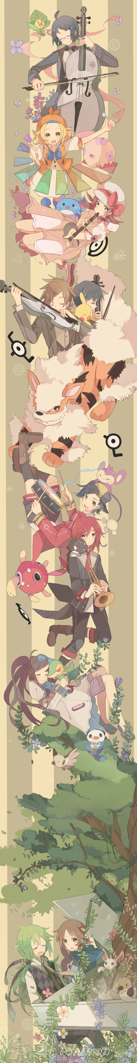 absurdres, aipom, alternate_costume, arcanine, bel_(pokemon), cello, cheren_(pokemon), closed_eyes