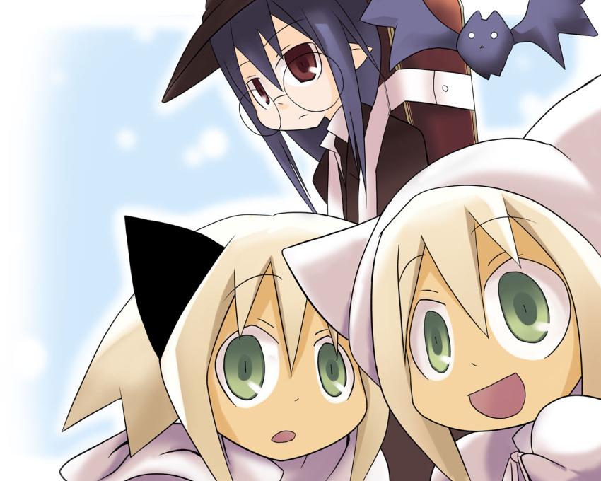 bat, black_hair, cat_ears, glasses, green_eyes, hitsugi_katsugi_no_kuro, kuro_(hitsugi_katsugi_no_kuro), nijuku