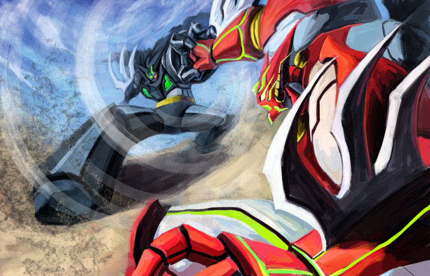 arm_blade, battle, black_getter, cape, epic, getter_robo, glowing, glowing_eyes, highres, mecha, shin_getter-1, shin_getter_robo, super_robot, weapon