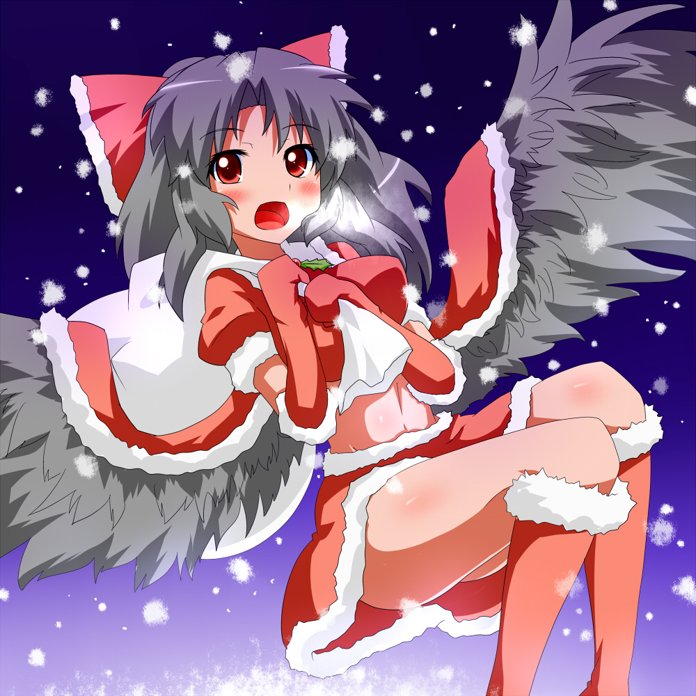 1girl, black_hair, black_wings, bow, cape, christmas, fueiku, gloves