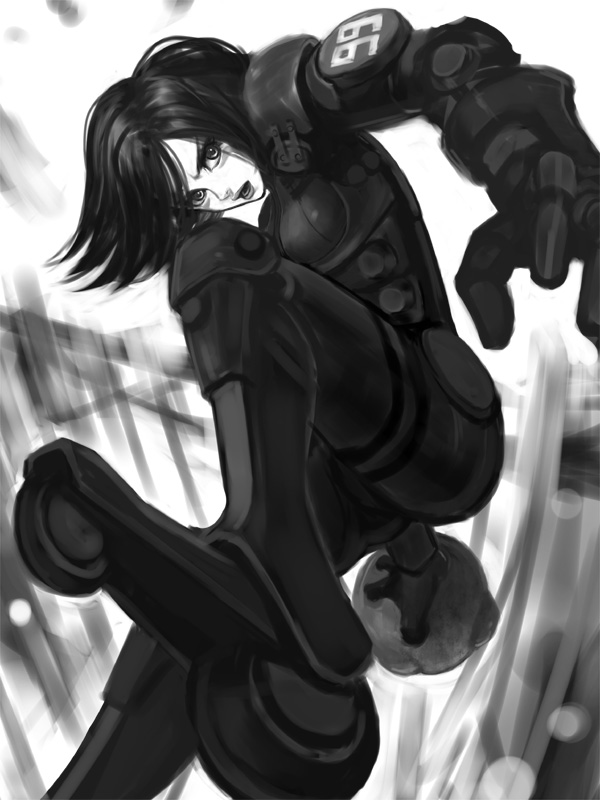 bodysuit, cyberpunk, cyborg, gally, gloves, gunnm, lotz, monochrome