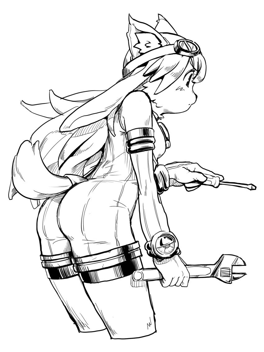 animal_ears, aouma, bodysuit, chocolat_gelato, cropped_legs, elbow_gloves, furry, gloves, goggles, highres, long_hair, monochrome, solatorobo, solo, tail, wrench