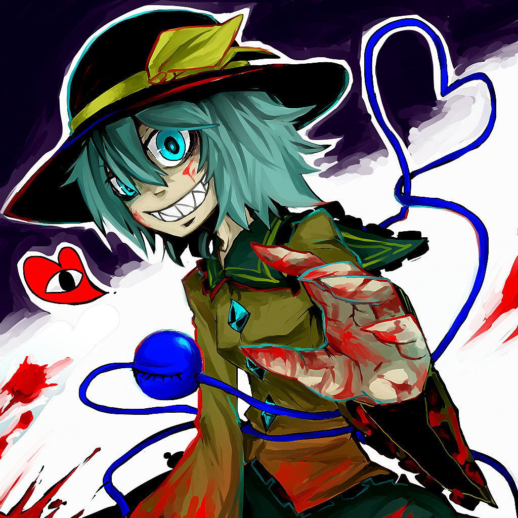 aqua_eyes, aqua_hair, blood, blood_on_face, blood_on_hands, bloody_clothes, closed_eye, cyan_eyes