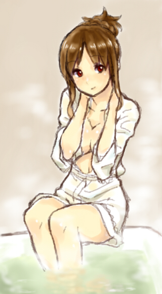 akizuki_ritsuko, aouma, breasts, brown_hair, cleavage, face, idolmaster, red_eyes